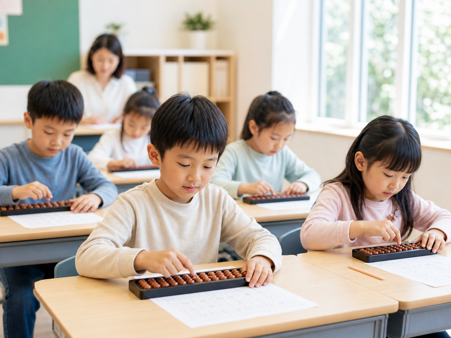 孩子在教室使用算盤練習珠心算